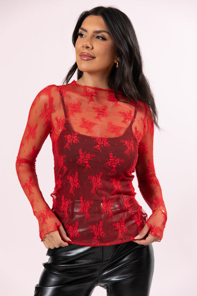 Speak Your Truth Red Mock Neck Lace Layering Blouse