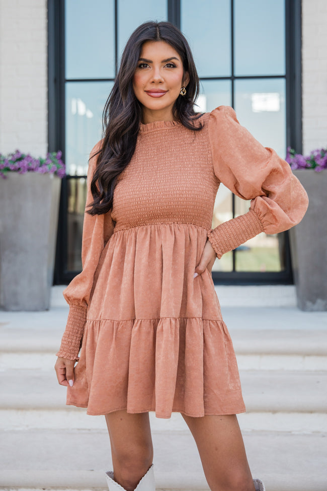 Long Nights Camel Textured Mini Dress