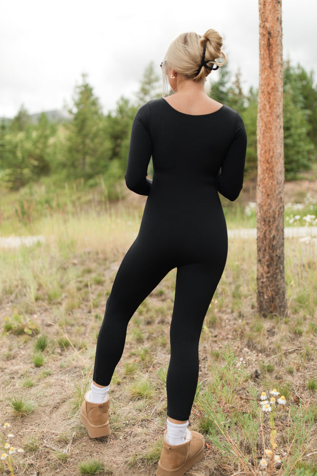 Power Play Black Square Neck Active Long Sleeve Jumpsuit