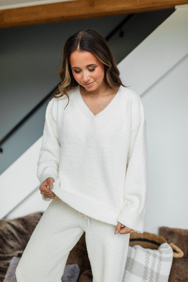 Dawn Ivory Fuzzy V-neck Sweater Emily Fauver X Pink Lily