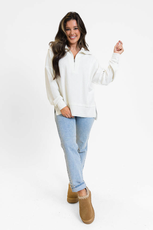 Fireside Festivities Cream Ribbed Quarter Zip Pullover DOORBUSTER