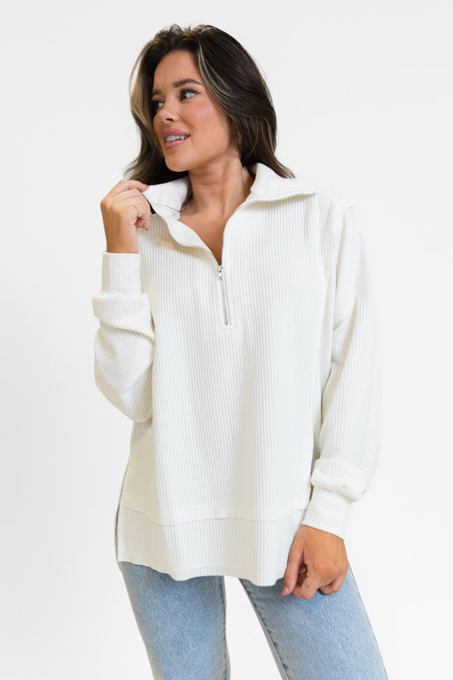 Fireside Festivities Cream Ribbed Quarter Zip Pullover DOORBUSTER