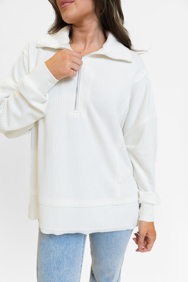 Fireside Festivities Cream Ribbed Quarter Zip Pullover DOORBUSTER