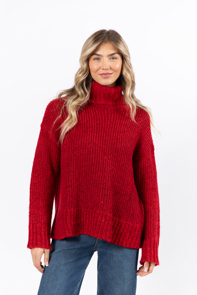 What I Need Red Fuzzy Oversized Turtleneck Sweater