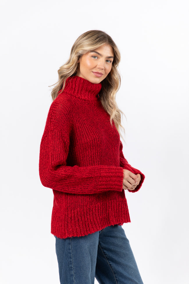 What I Need Red Fuzzy Oversized Turtleneck Sweater