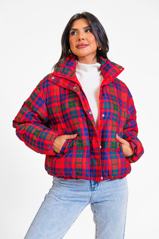 Puff It Up Red Plaid Puffer Jacket Pink Lily