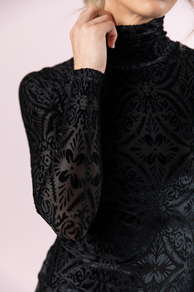 What A Wonderful World Black Velvet Printed Turtleneck Blouse