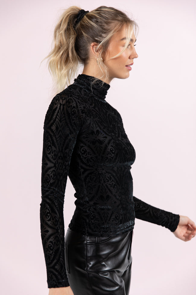 What A Wonderful World Black Velvet Printed Turtleneck Blouse