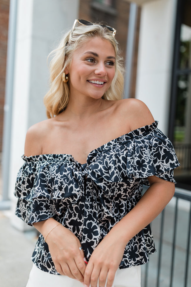 Deep Trance Black Floral Off The Shoulder Printed Blouse