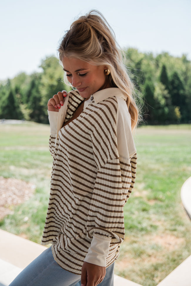 This Is The Life Brown Striped Collared Henley Oversized Knit Top