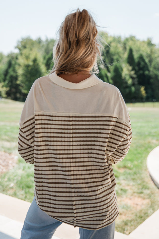 This Is The Life Brown Striped Collared Henley Oversized Knit Top