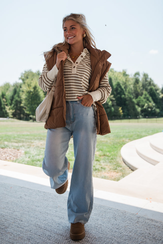 This Is The Life Brown Striped Collared Henley Oversized Knit Top