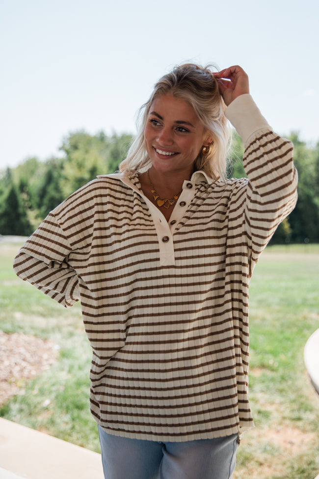 This Is The Life Brown Striped Collared Henley Oversized Knit Top