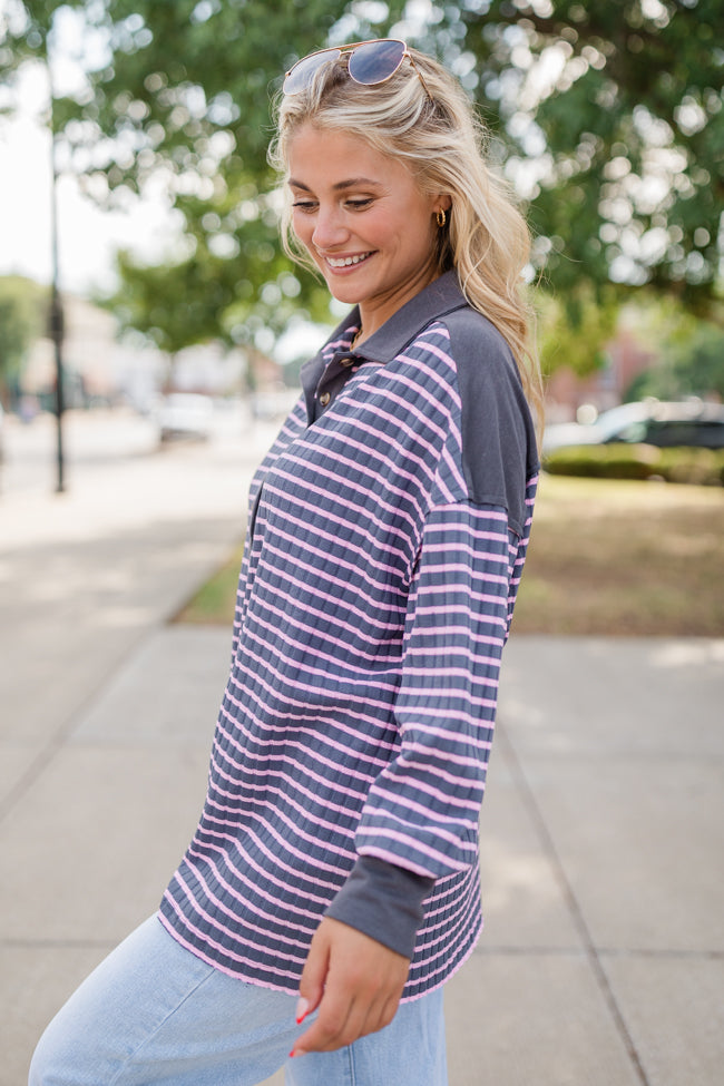 This Is The Life Navy and Pink Striped Collared Henley Oversized Knit Top