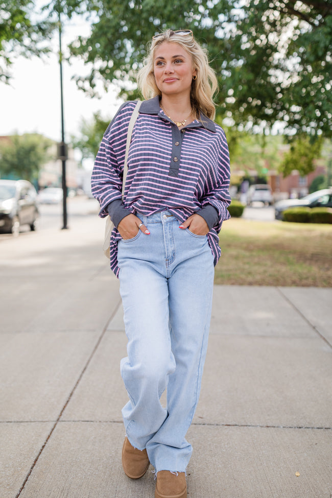 This Is The Life Navy and Pink Striped Collared Henley Oversized Knit Top