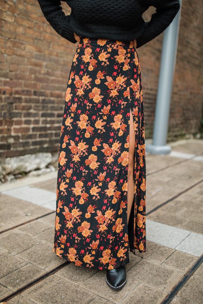 More Than Most Black Multi Side Slit Floral Maxi Skirt