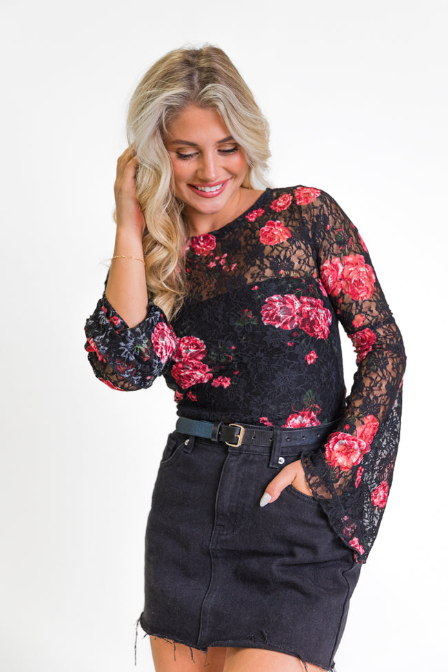 Make You Mine Black Floral Bell Sleeve Lace Top