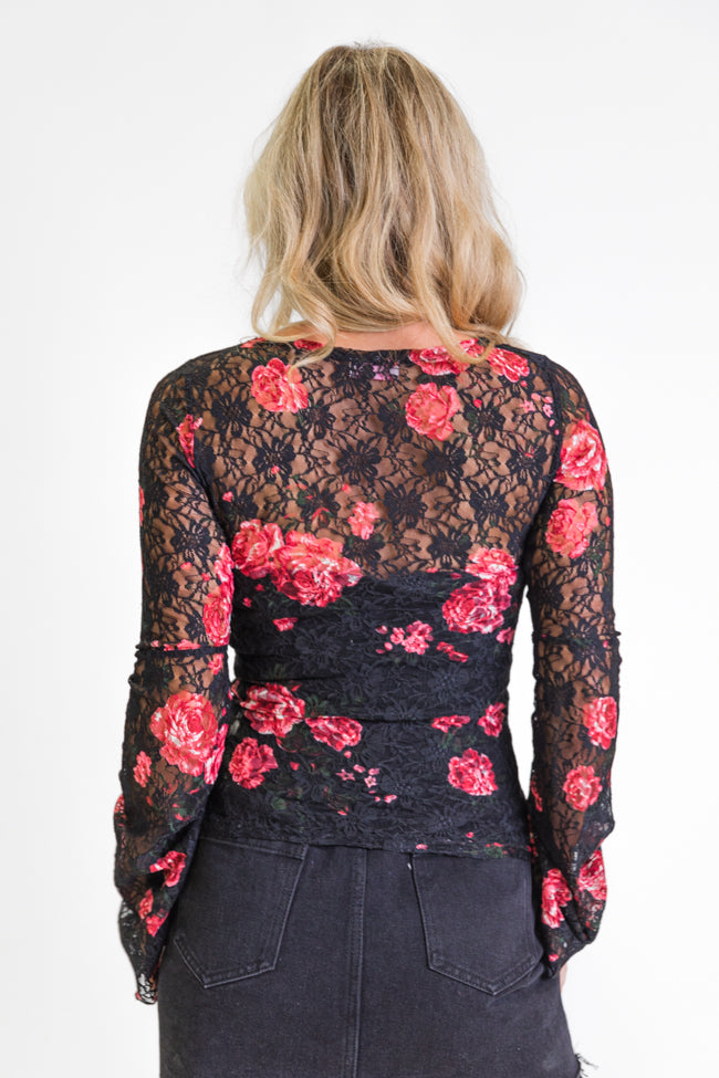 Make You Mine Black Floral Bell Sleeve Lace Top