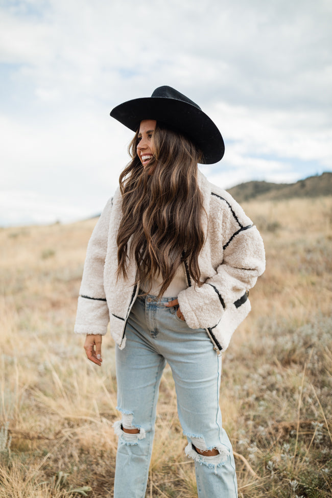 Dylan Cream and Black Sherpa Contrast Trim Jacket Emily Fauver X Pink Lily