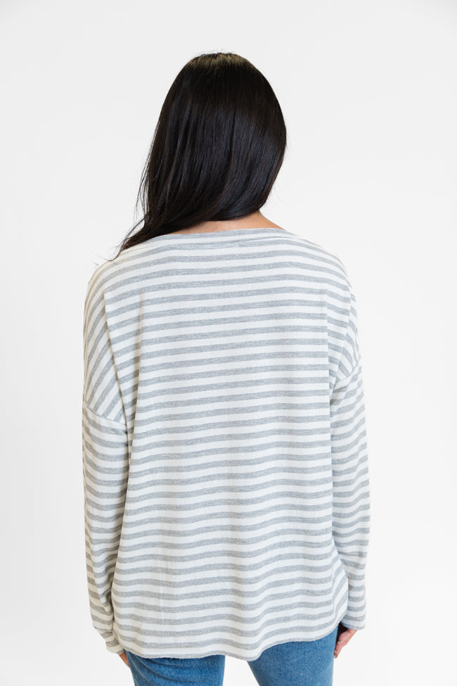 Blizzard Bliss Grey Wide Neck Striped Knit Top