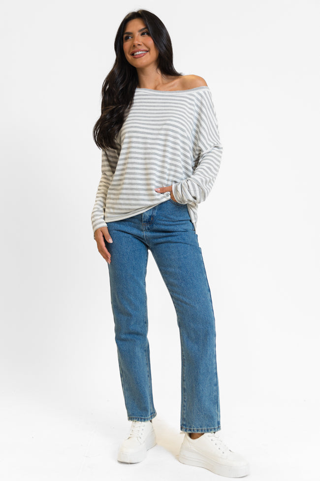 Blizzard Bliss Grey Wide Neck Striped Knit Top