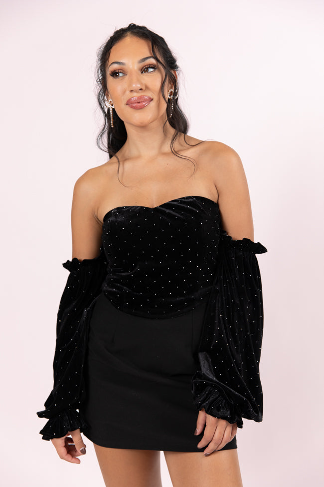 Brightest Star Black Off The Shoulder Rhinestone Studded Velvet Top