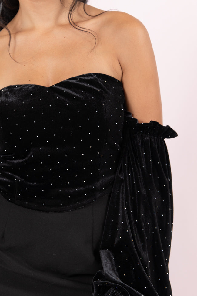 Brightest Star Black Off The Shoulder Rhinestone Studded Velvet Top