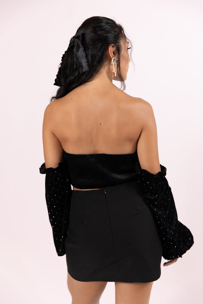 Brightest Star Black Off The Shoulder Rhinestone Studded Velvet Top