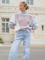 Skyline View Ivory and Blue Mock Neck Color Block Sweater