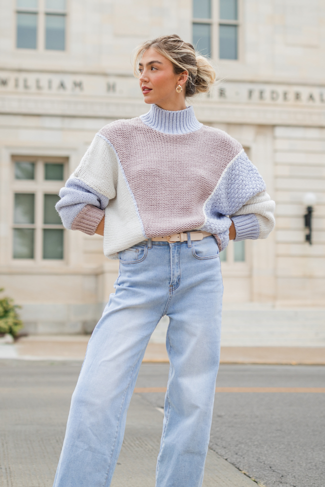 Skyline View Ivory and Blue Mock Neck Color Block Sweater