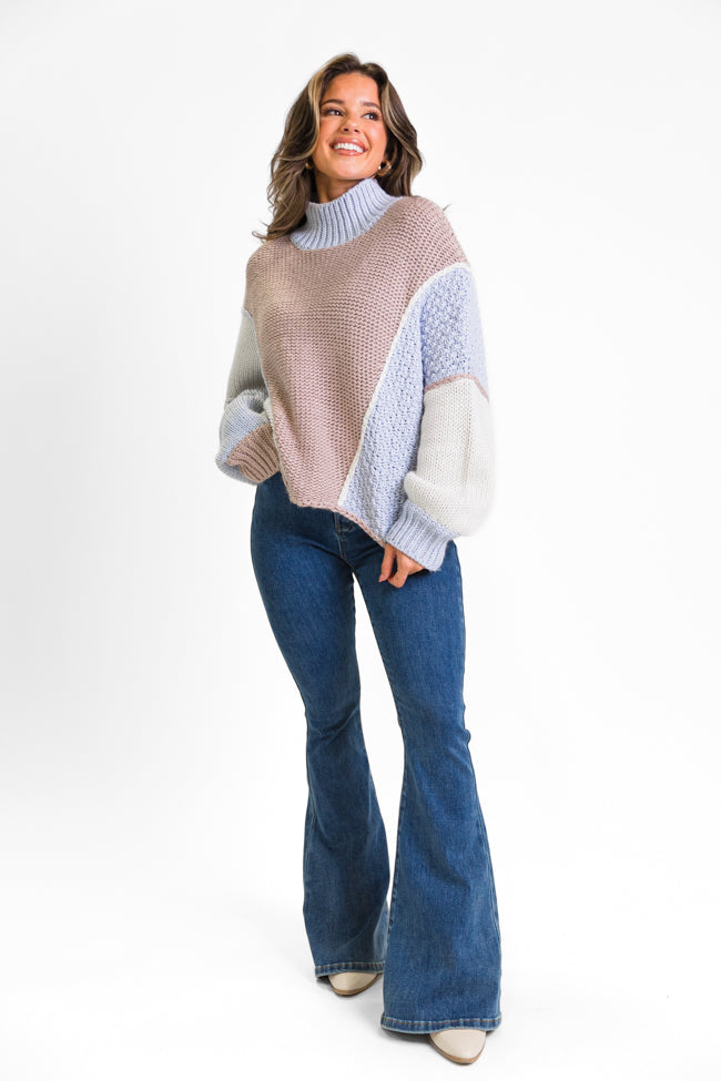 Skyline View Ivory and Blue Mock Neck Color Block Sweater