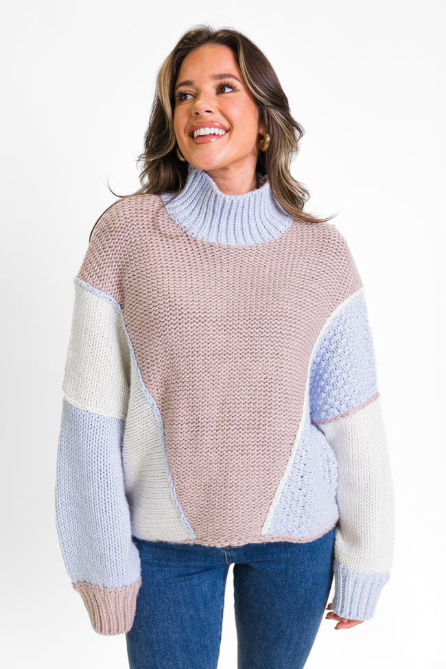 Skyline View Ivory and Blue Mock Neck Color Block Sweater