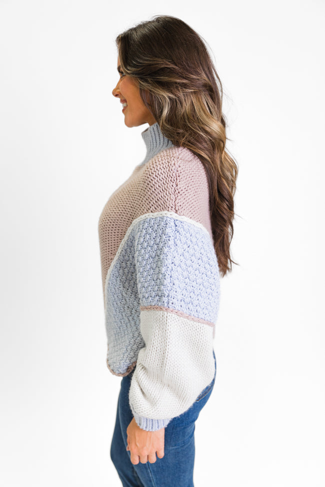 Skyline View Ivory and Blue Mock Neck Color Block Sweater