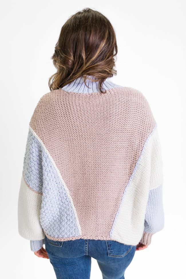 Skyline View Ivory and Blue Mock Neck Color Block Sweater