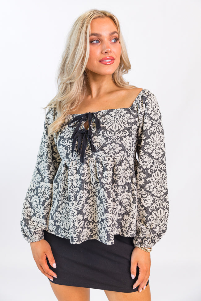 Always Ready Black and Ivory Jacquard Tie Front Knit Top