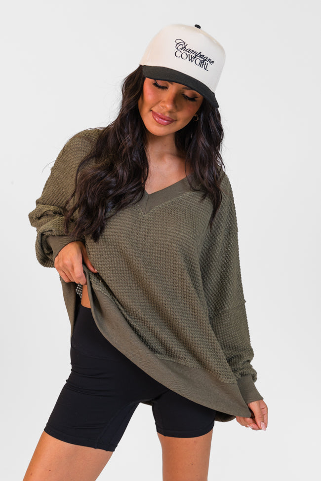 Perfect Score Olive Oversized Waffle V-Neck Top