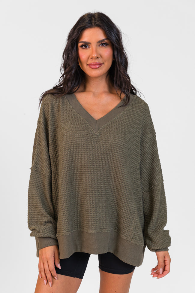 Perfect Score Olive Oversized Waffle V-Neck Top