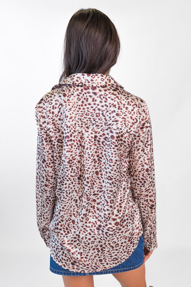 Not Kitten Satin Leopard Button Front Blouse