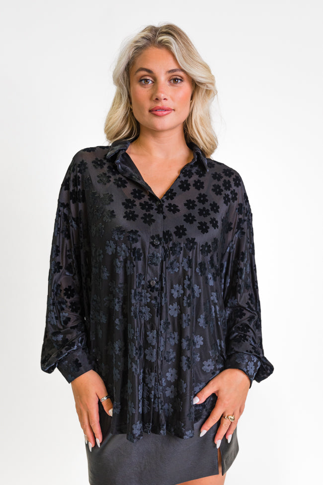 Face The Day Black Velvet Floral Button Down Blouse