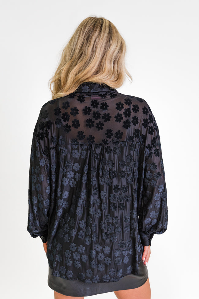 Face The Day Black Velvet Floral Button Down Blouse