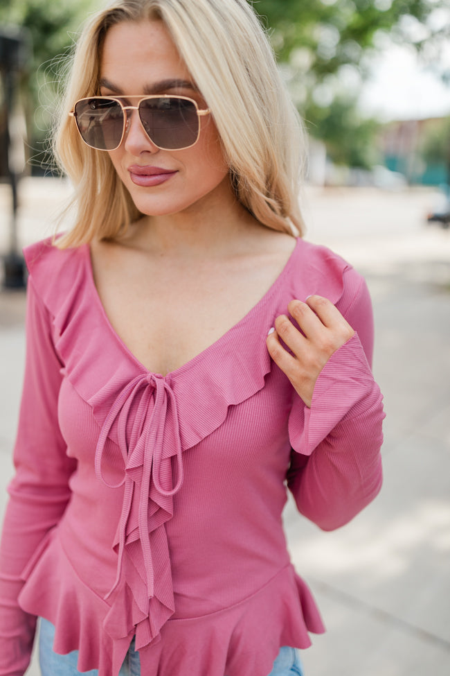 Treat You the Same Rose Ruffle Detail Ribbed Blouse