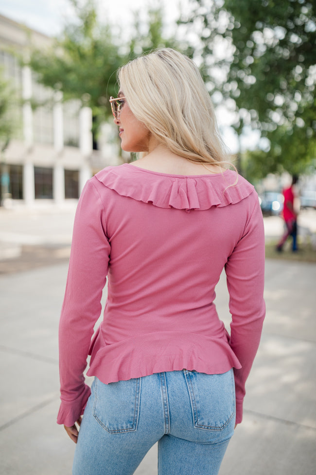 Treat You the Same Rose Ruffle Detail Ribbed Blouse