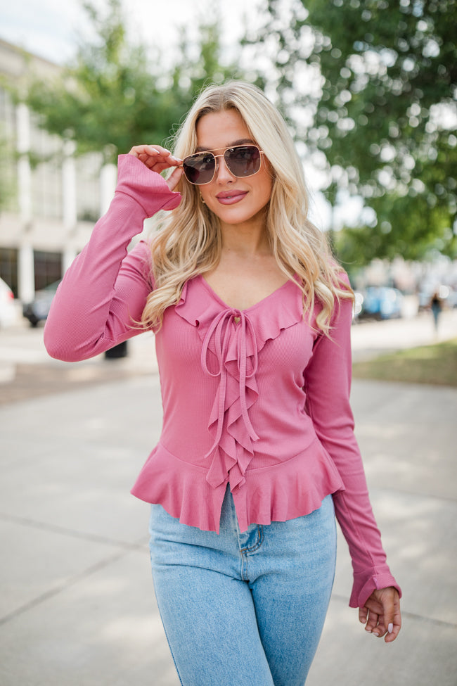 Treat You the Same Rose Ruffle Detail Ribbed Blouse