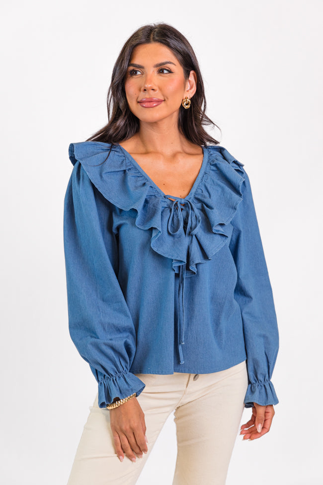 Feel This Way Medium Wash Ruffle Detail Chambray Blouse