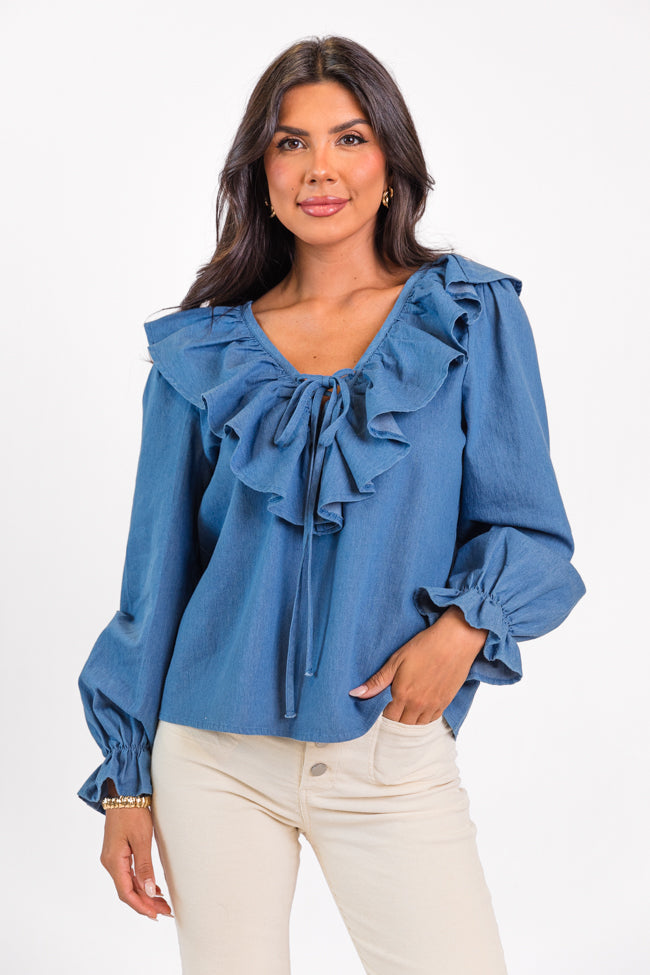 Feel This Way Medium Wash Ruffle Detail Chambray Blouse