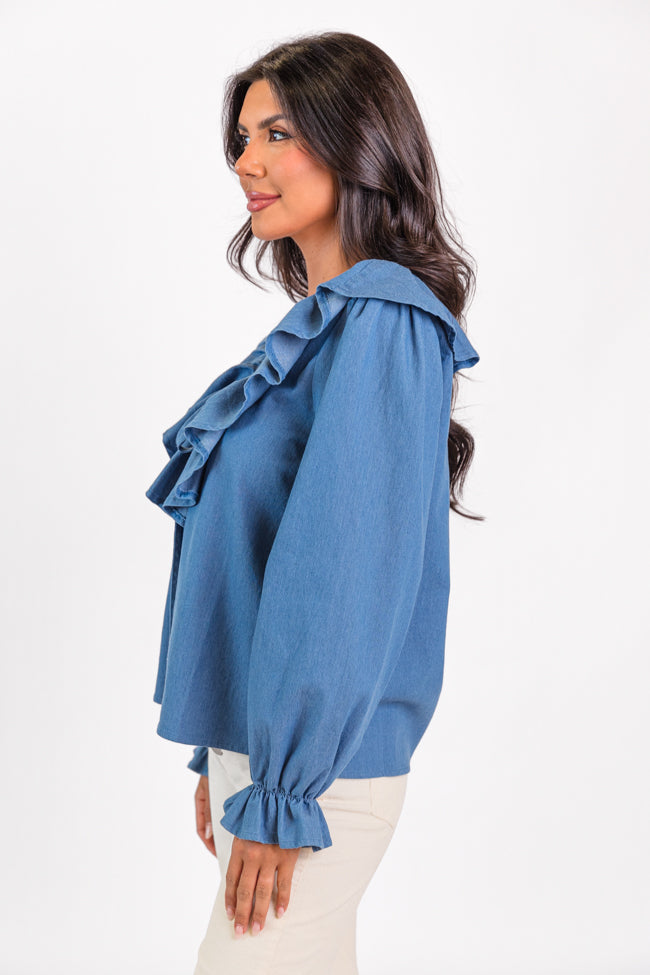 Feel This Way Medium Wash Ruffle Detail Chambray Blouse