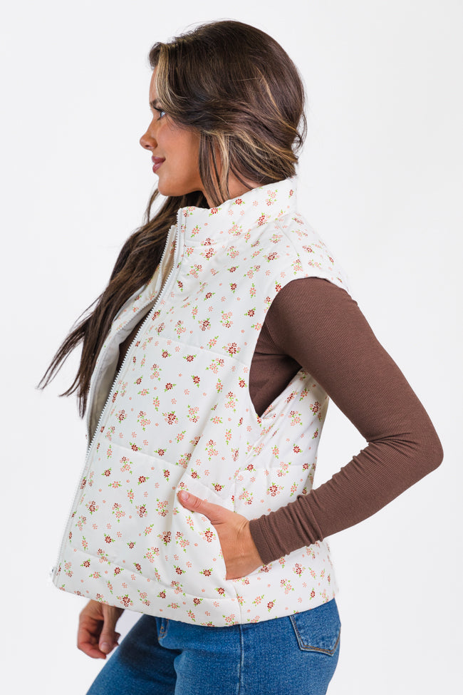 In A Bubble Ivory Floral Puffer Vest DOORBUSTER