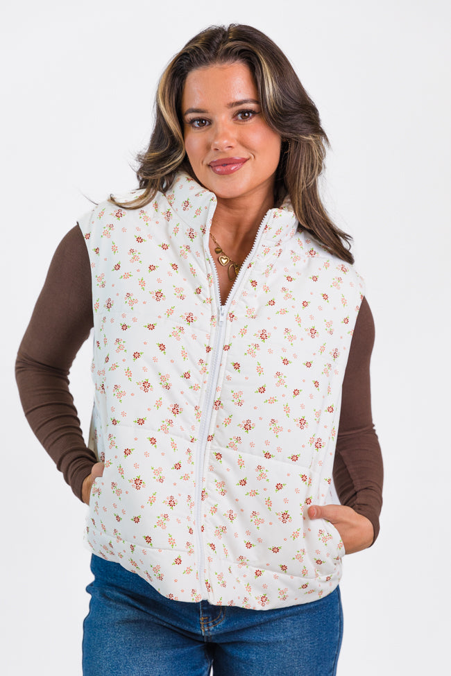 In A Bubble Ivory Floral Puffer Vest DOORBUSTER