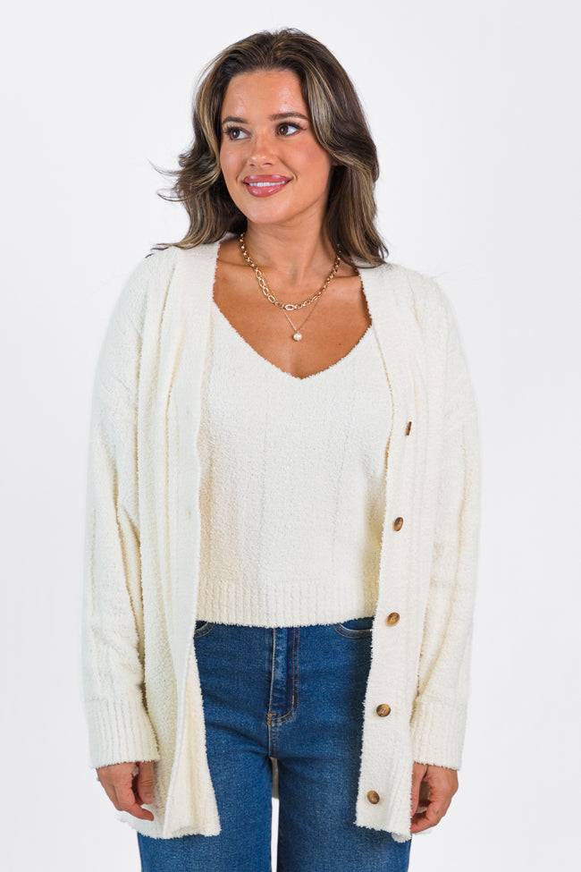 It's All True Ivory Fuzzy Cardigan And Tank Set