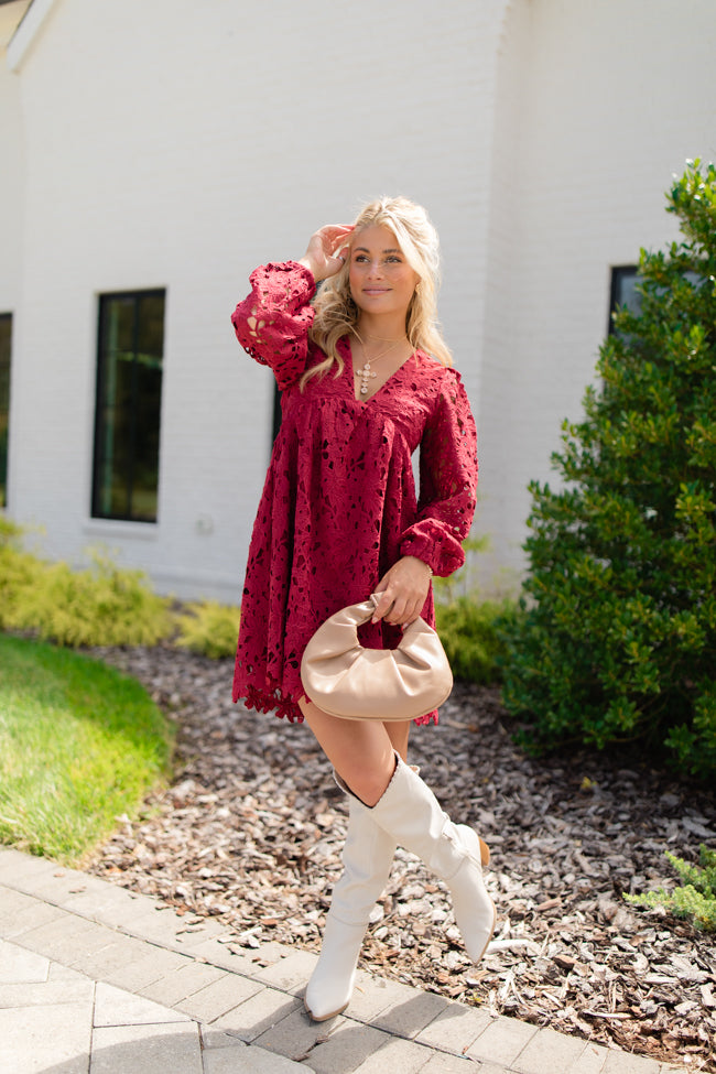 Turning Heads Burgundy Lace Babydoll Mini Dress